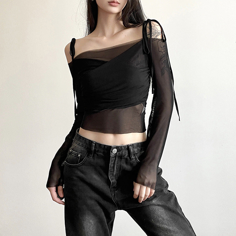 Free shipping Tattoo European and American style 2024 summer new women's clothing Spice Girl one-word collar shoulder sleeves long sleeves waist open button slim T-shirt tops