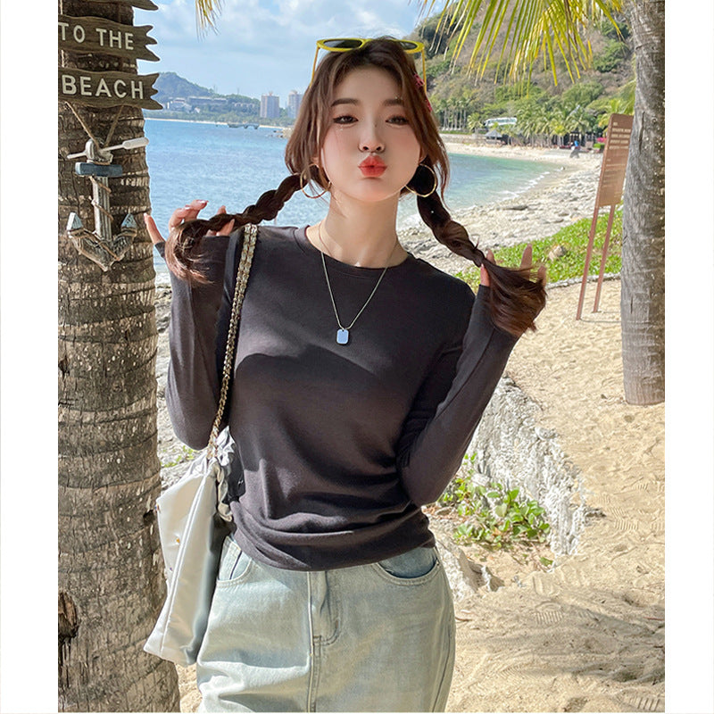 Free shipping Tattoo Crew neck bottoming shirt women's inner wear 2024 early autumn white long-sleeved t-shirt women's modal top outside tops