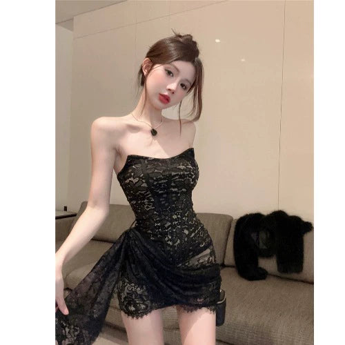 Fashion women's wear Dress Women's American Hot Girl Style Refined Handmade Lace Crocheted Strapless Dress Winter New Fashionable Ribbon Hip Skirt