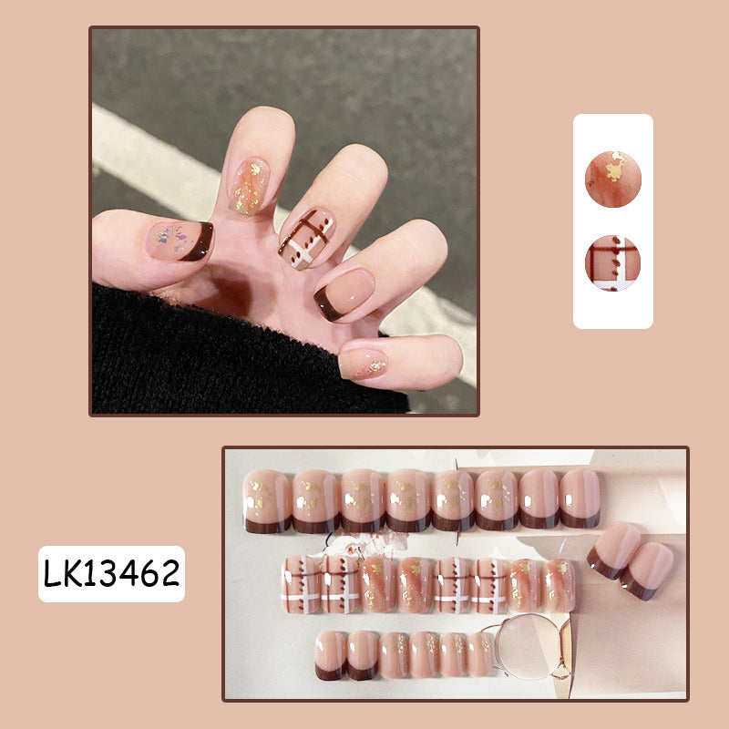 金箔格纹穿戴甲法式指甲贴短款甲美甲片新款假指甲美甲贴片成品甲