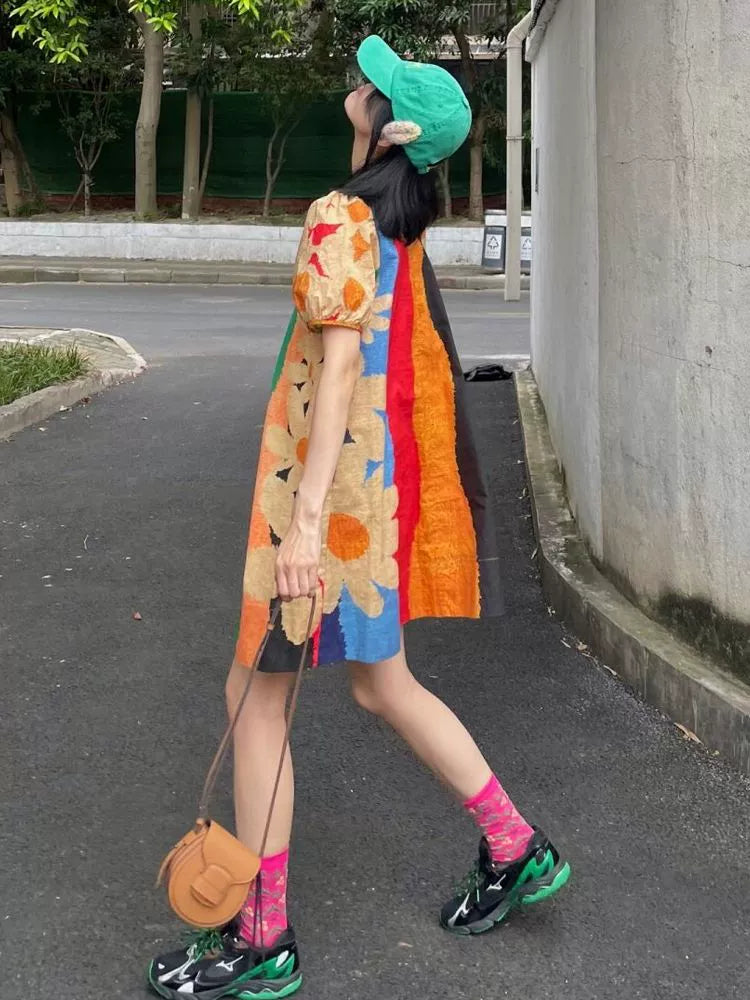 Dopamine dress Free shipping Tattoo Large Size Women's French Rainbow Stripe Dress Summer Fat MM Loose 150kg Skinny Dopamine Doll Dress