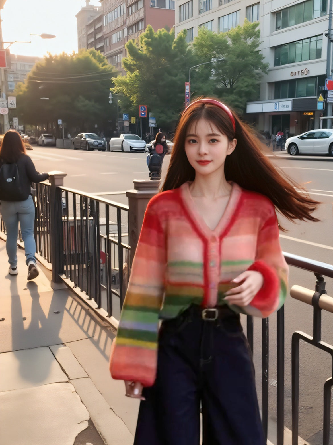 Dopamine tops Free shipping Tattoo Cross-border dopamine rainbow contrasting stripes knitted cardigan women's autumn new lazy age-reducing loose and sweet sweater