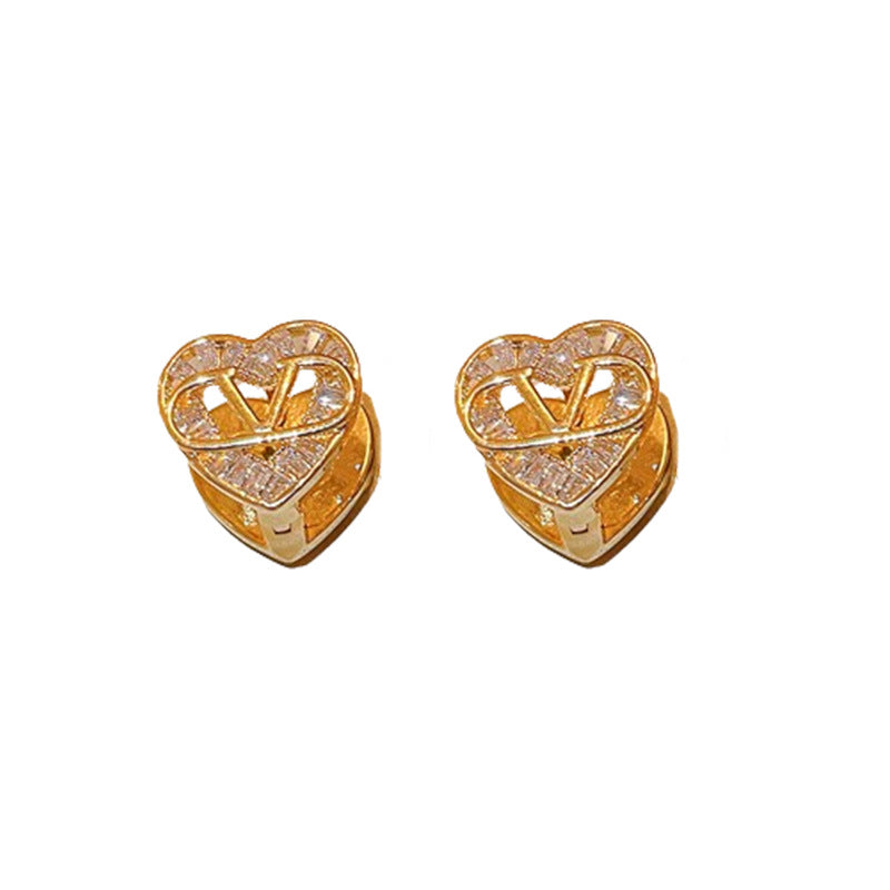 真金电镀锆石字母爱心耳扣甜美轻奢高级感耳环小众时尚耳饰批发女