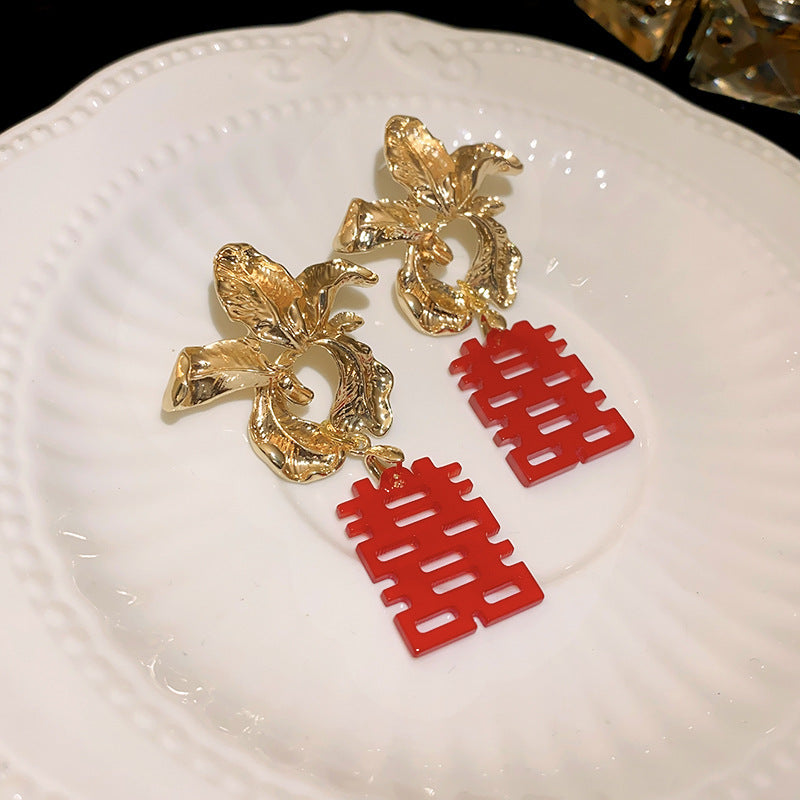 银针花朵褶皱囍字耳环小众百搭新娘装扮耳钉高级感气质耳饰批发女