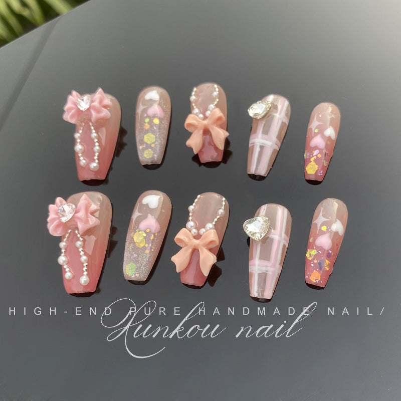 (Hand-Made Nail) Gentle Blush Pure Desire Bow Ice Transparent Bridal Pearl Heart Handmade Wear Nail Finished Detachable Beauty