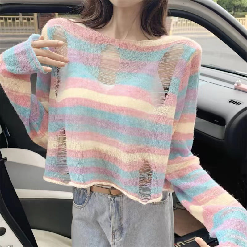 Dopamine tops Free shipping Tattoo Dopamine suction rainbow striped long-sleeved t-shirt women's early spring niche ripped design knitted sweater short top