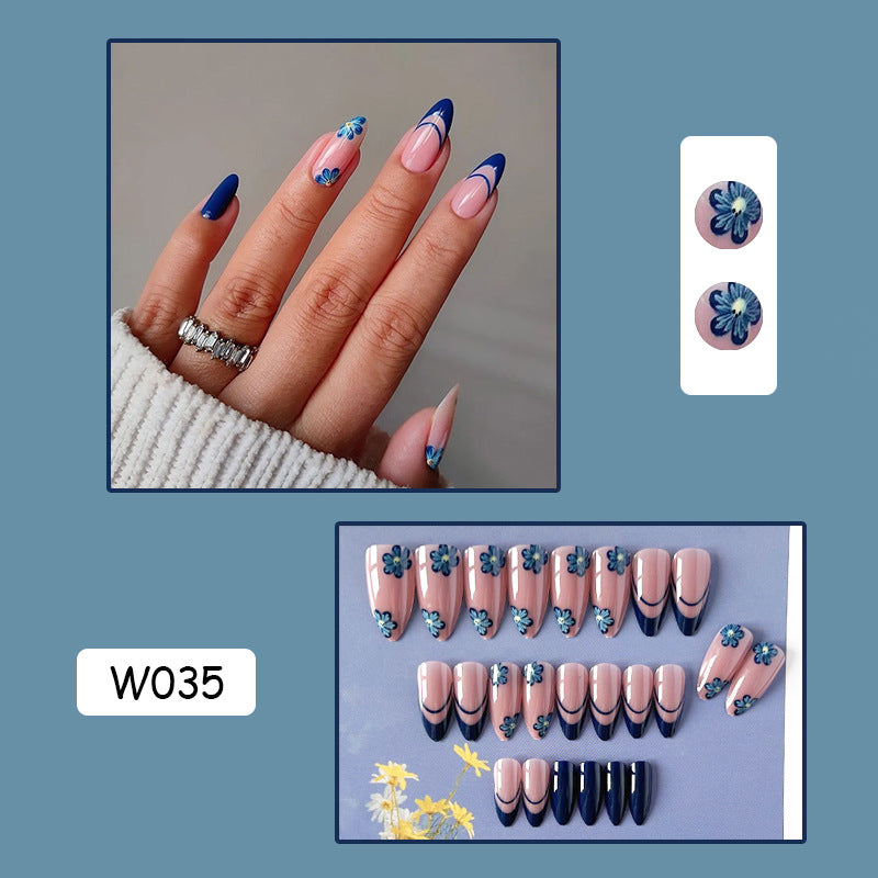 宝蓝花朵穿戴甲法式nails 跨境美甲片外贸假指甲长尖甲型美甲贴片