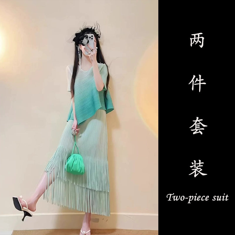 Dopamine dress Free shipping Tattoo summer dopamine wear beautiful fashion temperament socialite mint green gradual change top can be salt can be sweet suit skirt