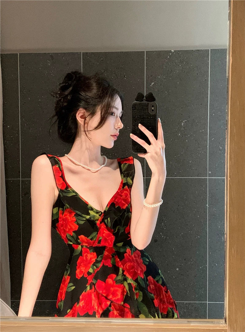 Fashion women's wear French Retro Tea Break Sling Ankle-Length Dress Women's Summer Seaside Holiday V-neck Rose Backless Slimming Dress