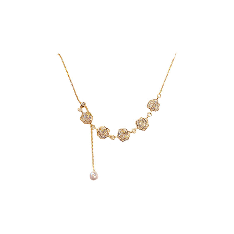 真金电镀锆石花朵珍珠项链韩版森系甜美ins锁骨链小众百搭项饰女