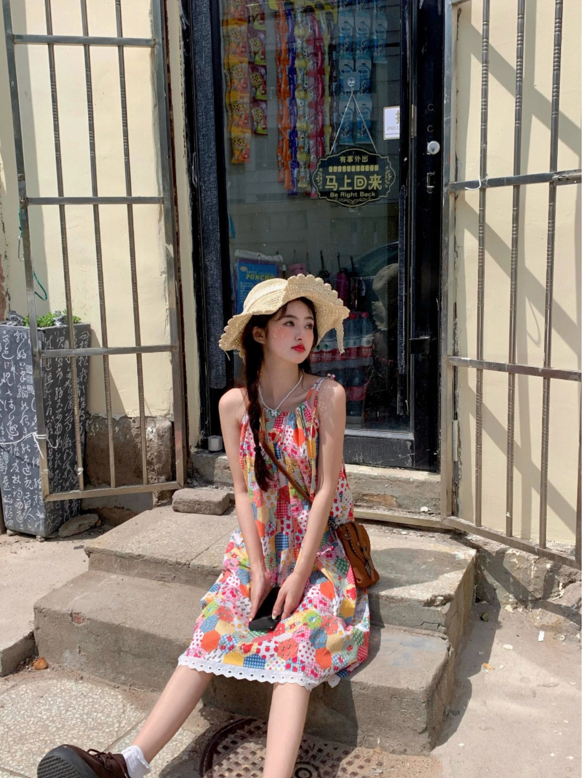 Dopamine dress Free shipping Tattoo Dopamine floral splicing lace suspender dress women's summer age reduction Sanya seaside vacation photo beach dress