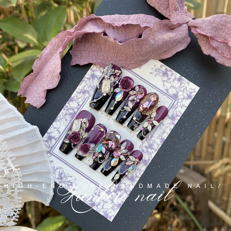 (Hand-Made Nail) Handmade Wear Nail Factory Straight Hair Huazi Purple Heavy Industry Gradient Butterfly Flower Advanced Blooming Manicure