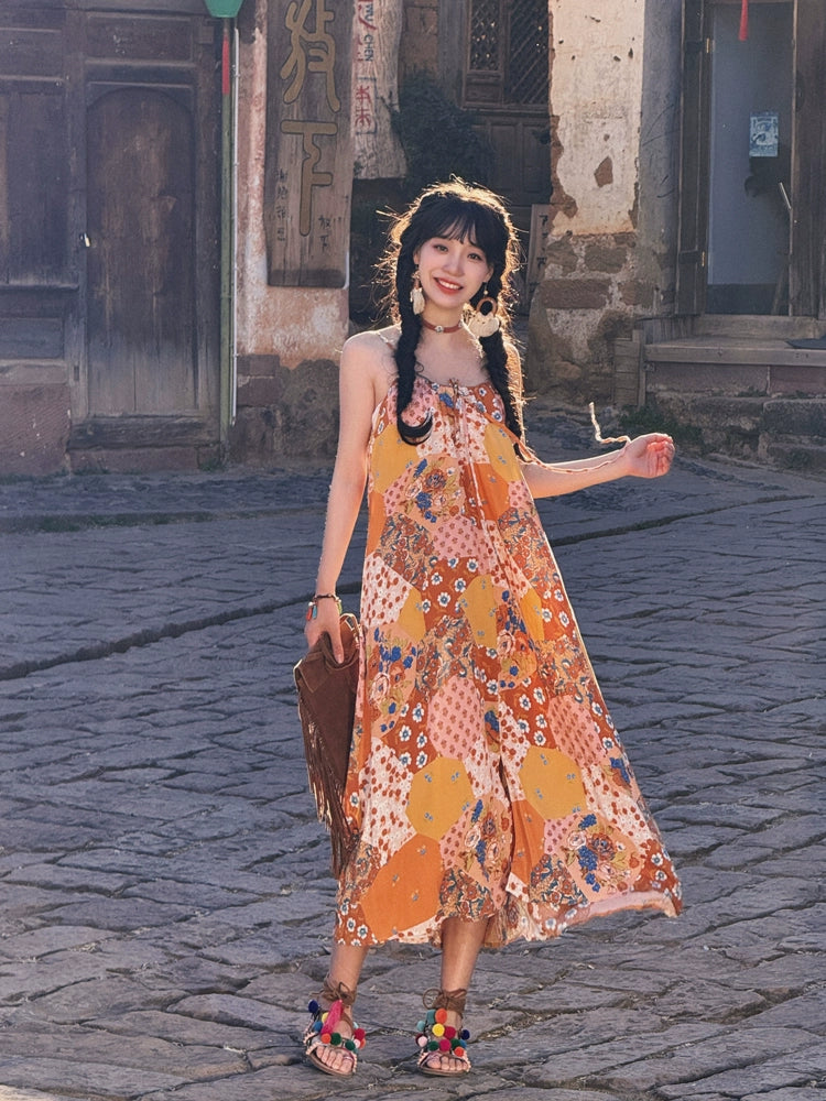 Dopamine dress Free shipping Tattoo Printed Suspender Dress Female Sweet Mori Vest Shawl Pastoral Summer Dopamine Seaside Dress