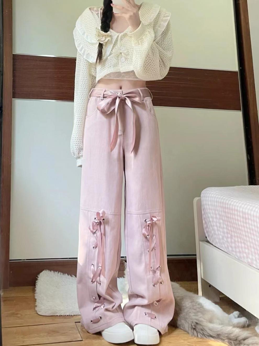 Free shipping Pink dopamine bow strap casual jeans women's summer new high-waisted loose and thin wide-leg trousers pants