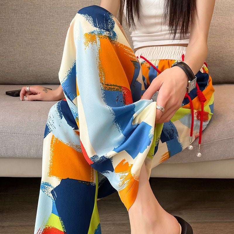 Free shipping tie-dye wide-leg pants women's 2023 summer thin colorful dopamine drape thin straight casual pants tide