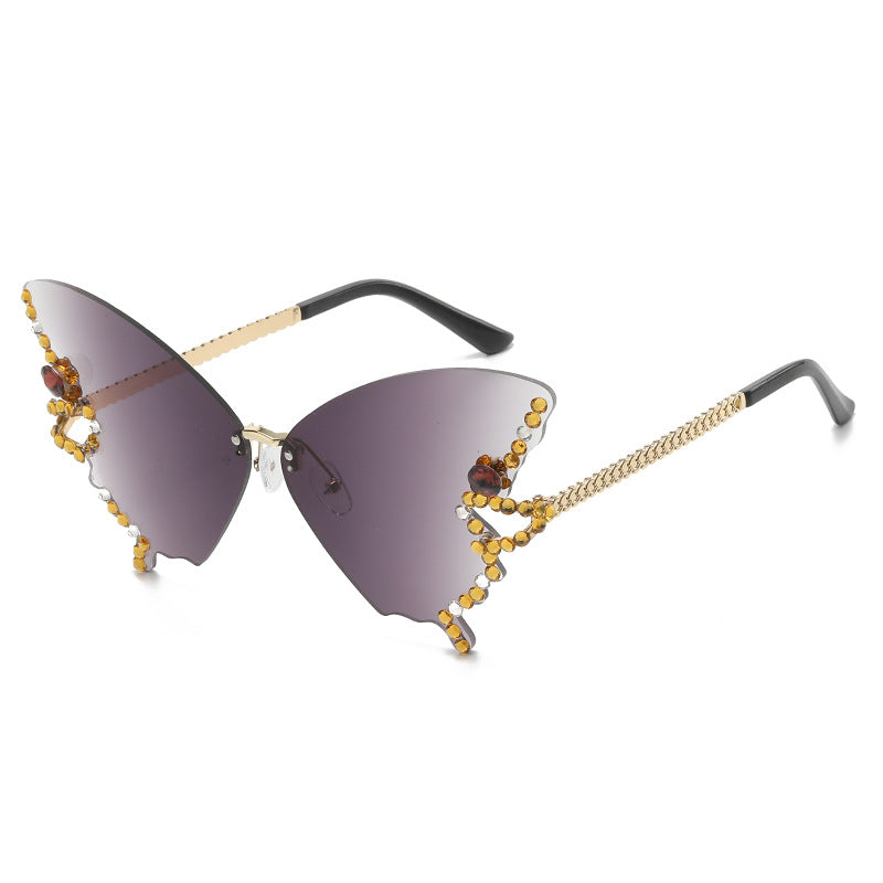 Women's fashion glasses 跨境2023新款蝴蝶形状镶钻无框太阳镜女时尚个性夸张墨镜欧美网红