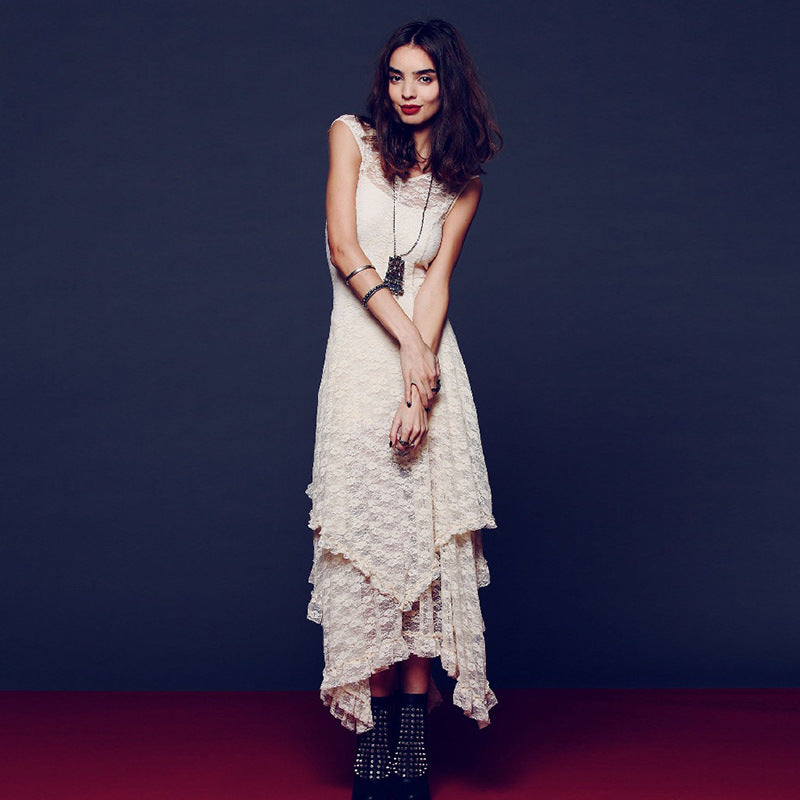 Fashion women's wear European Station Fashion Women's Wear Popular Irregular High and Low Lace Dress Sexy Long Dress