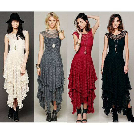 Fashion women's wear European Station Fashion Women's Wear Popular Irregular High and Low Lace Dress Sexy Long Dress