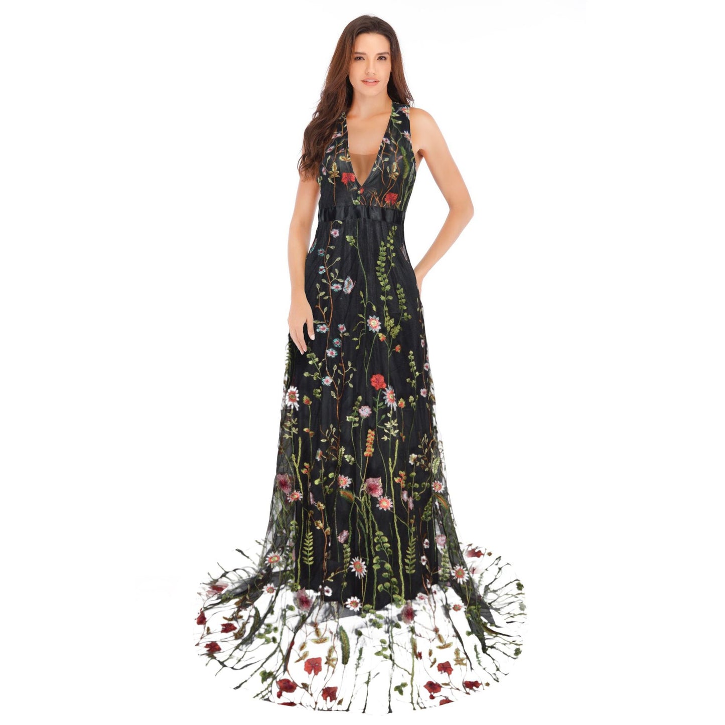 Fashion women's wear EBay Popular Sexy Deep V Sleeveless Embroidered Dress Slim Fit Backless Large Swing Dress Ball Formal Dress