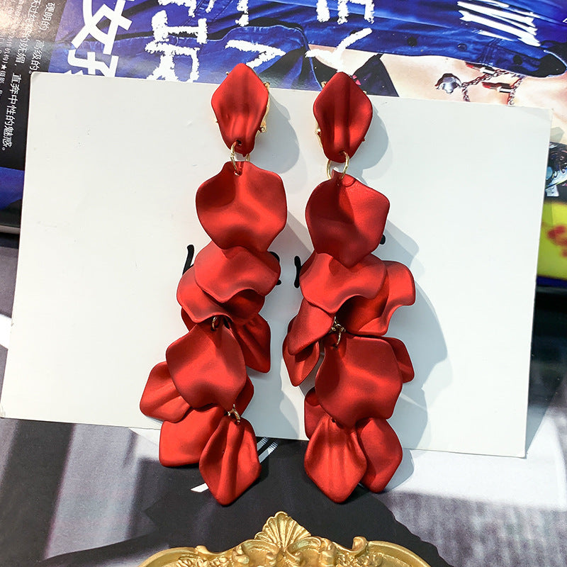 925银针玫瑰花瓣长款耳环女欧美风夸张网红气质显脸瘦耳坠耳饰女