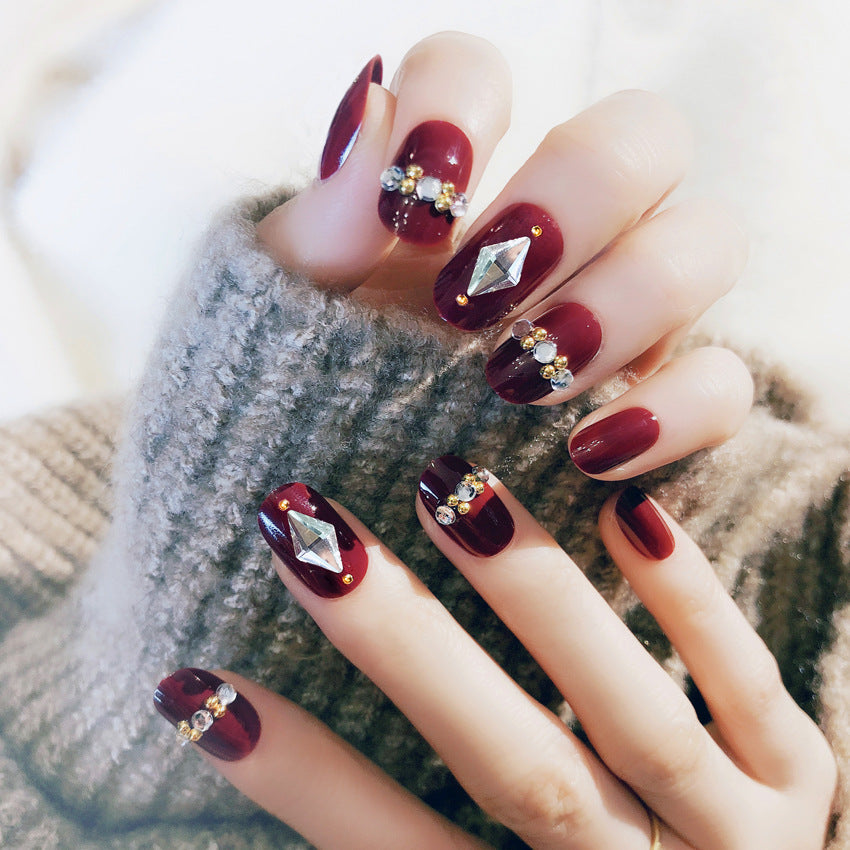 Fashion  nail Finished Nail Beauty Red Diamond Embedded round Head Nail Stickers False Nail Finished Product Prosthetic Hand Nail Shaped Piece Bride Nail S36