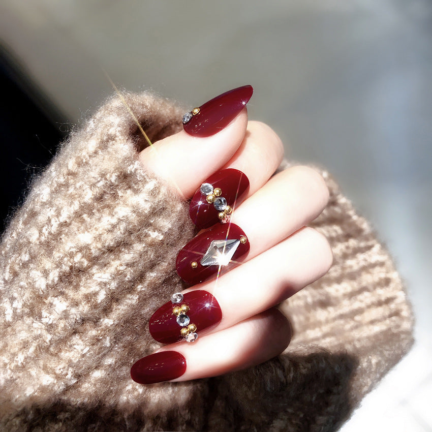 Fashion  nail Finished Nail Beauty Red Diamond Embedded round Head Nail Stickers False Nail Finished Product Prosthetic Hand Nail Shaped Piece Bride Nail S36