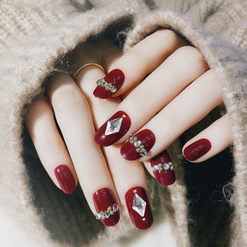 Fashion  nail Finished Nail Beauty Red Diamond Embedded round Head Nail Stickers False Nail Finished Product Prosthetic Hand Nail Shaped Piece Bride Nail S36