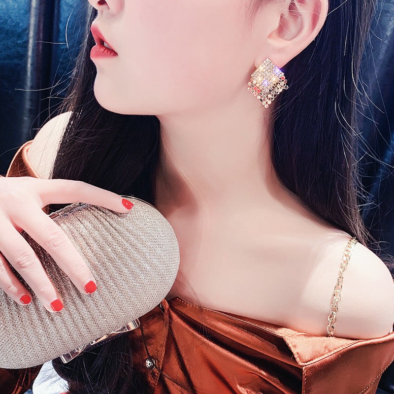 925银针简约水钻耳环女欧美时尚方形耳钉韩国百搭气质耳饰耳坠女