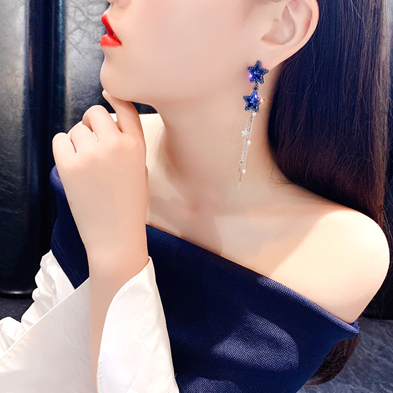 925银针水晶五角星耳环女优雅百搭大气水钻耳坠珍珠流苏耳钉耳饰