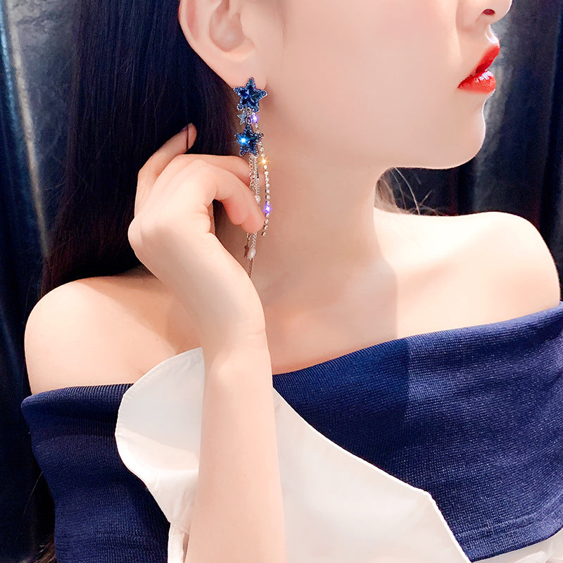 925银针水晶五角星耳环女优雅百搭大气水钻耳坠珍珠流苏耳钉耳饰
