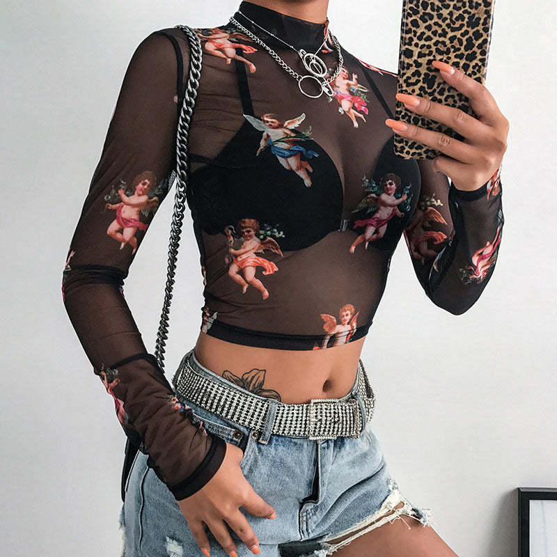 Free shipping   Long-sleeved Cupid printed t-shirt for women's autumn, cross-border popular semi-turtleneck mesh street top for women tops
