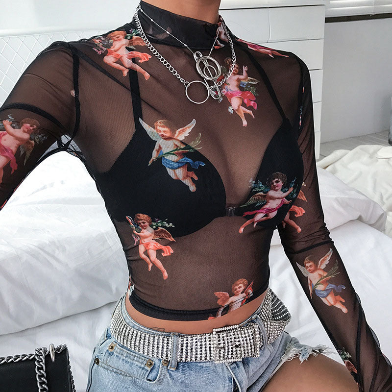 Free shipping   Long-sleeved Cupid printed t-shirt for women's autumn, cross-border popular semi-turtleneck mesh street top for women tops