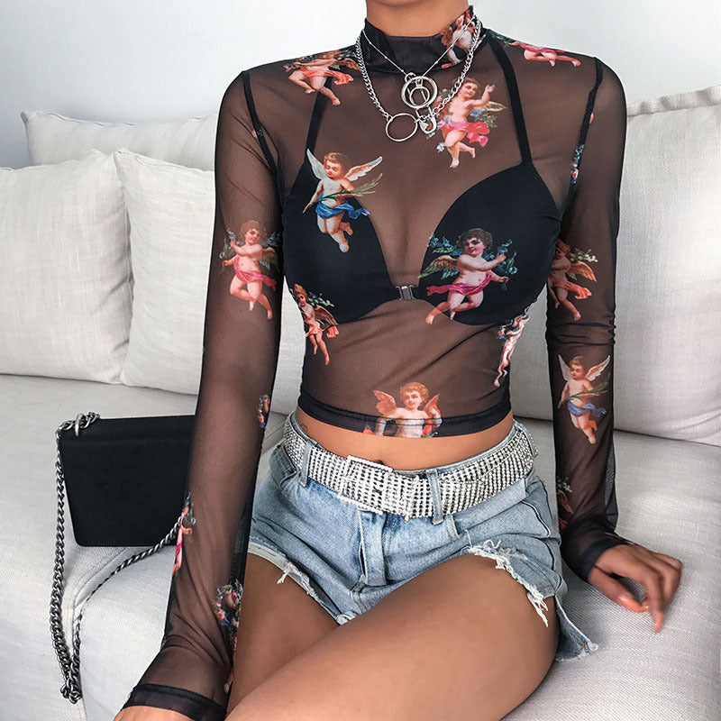 Free shipping   Long-sleeved Cupid printed t-shirt for women's autumn, cross-border popular semi-turtleneck mesh street top for women tops