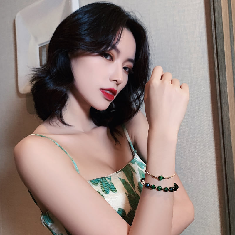 轻奢绿色宝石手链女韩版简约个性手镯2件套ins小众设计手环可调节