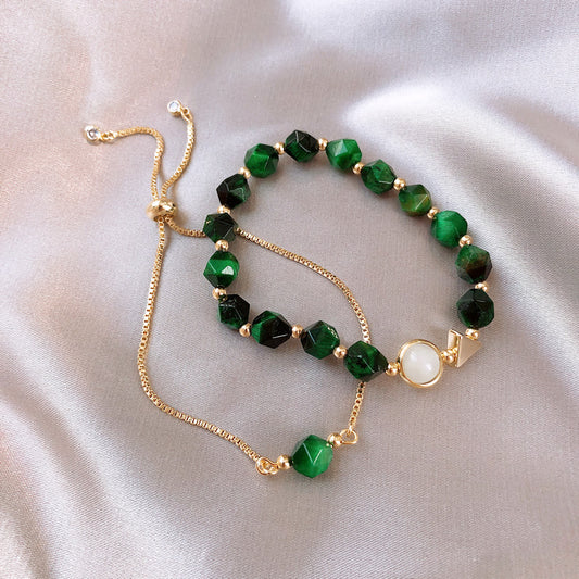 轻奢绿色宝石手链女韩版简约个性手镯2件套ins小众设计手环可调节