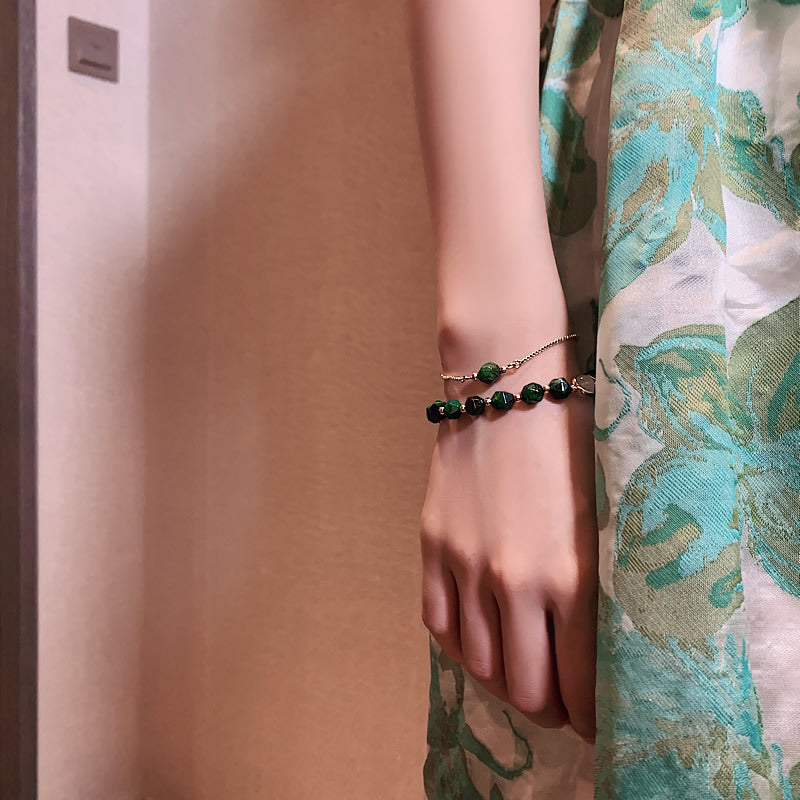 轻奢绿色宝石手链女韩版简约个性手镯2件套ins小众设计手环可调节