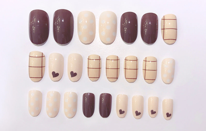 Fashion  nail Finished Nail Beauty Internet Celebrity Same Ins Plaid Fake Nails round Head Nail Stickers S69