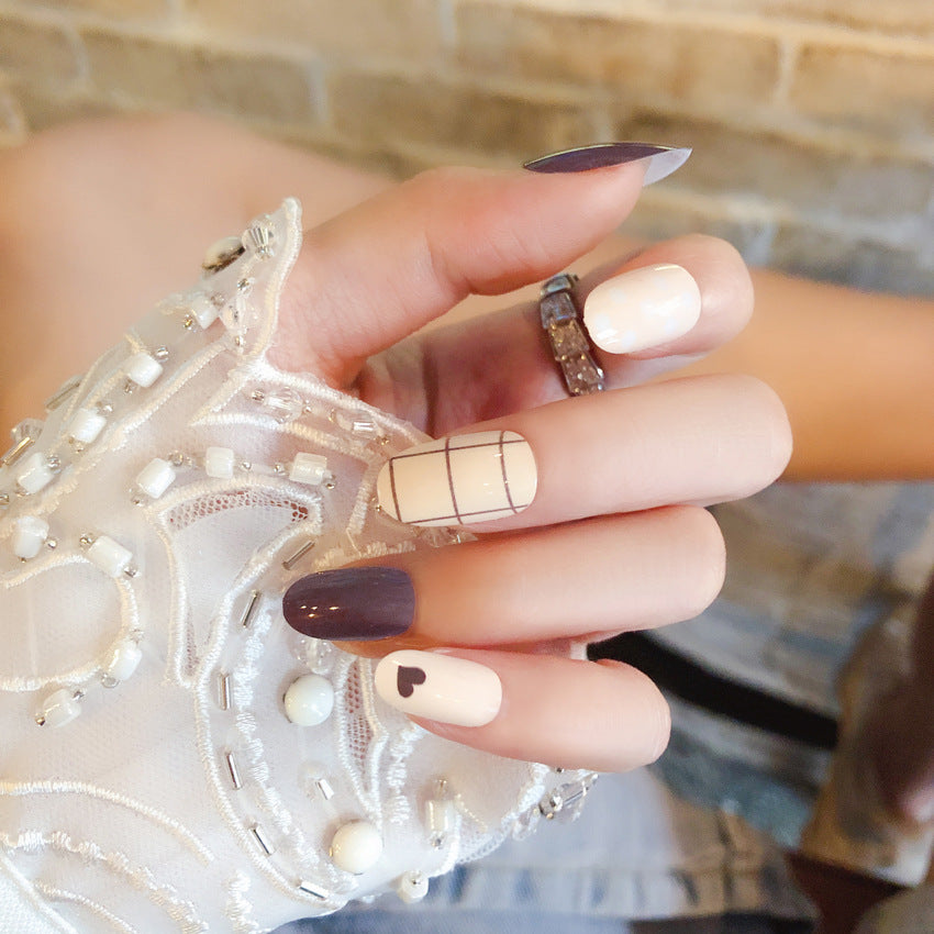 Fashion  nail Finished Nail Beauty Internet Celebrity Same Ins Plaid Fake Nails round Head Nail Stickers S69