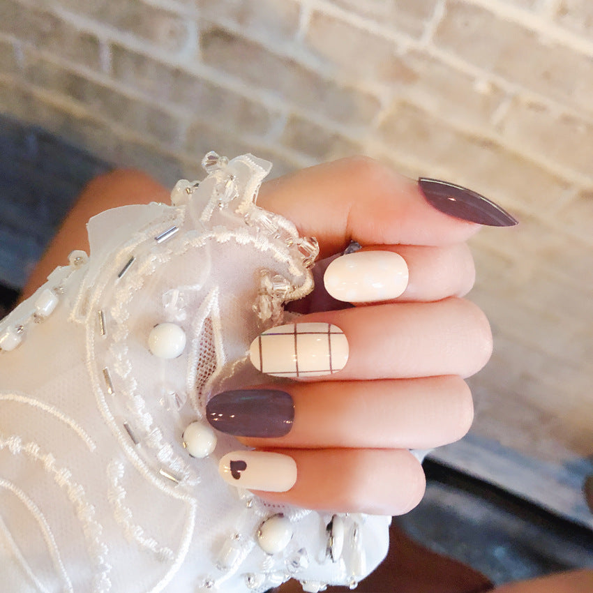 Fashion  nail Finished Nail Beauty Internet Celebrity Same Ins Plaid Fake Nails round Head Nail Stickers S69
