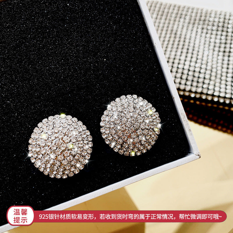 925银针欧美个性夸张闪钻耳环复古爱心圆形耳坠超闪网红大气耳饰