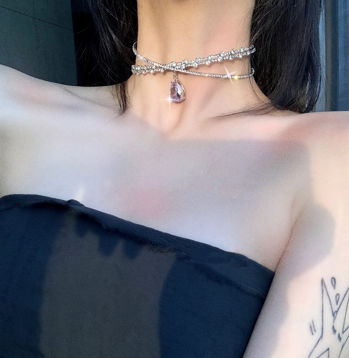 欧美choker时尚锆石水滴项圈奢华交叉锁骨项链一款两用可当头饰女