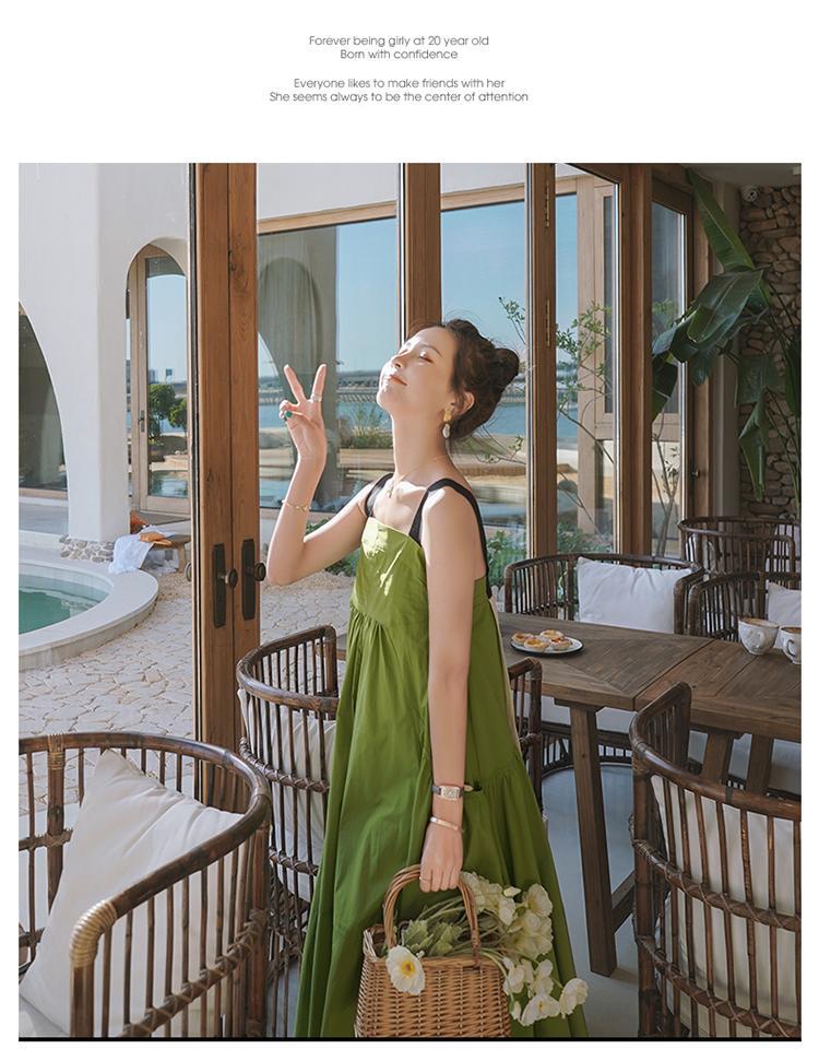 Fashion women's wear Real Shot Design Sense Niche Avocado Green Sling Dress Women's Summer Covering Belly Thin Sanya Vacation Style Dress