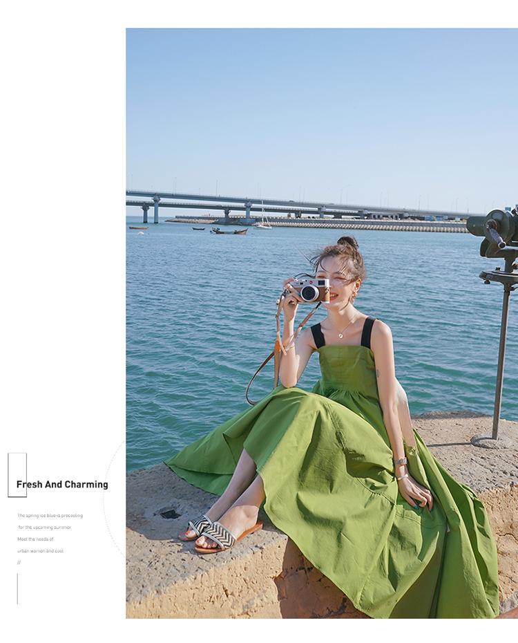 Fashion women's wear Real Shot Design Sense Niche Avocado Green Sling Dress Women's Summer Covering Belly Thin Sanya Vacation Style Dress