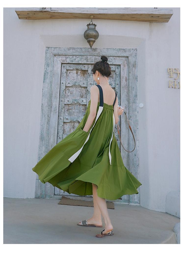 Fashion women's wear Real Shot Design Sense Niche Avocado Green Sling Dress Women's Summer Covering Belly Thin Sanya Vacation Style Dress