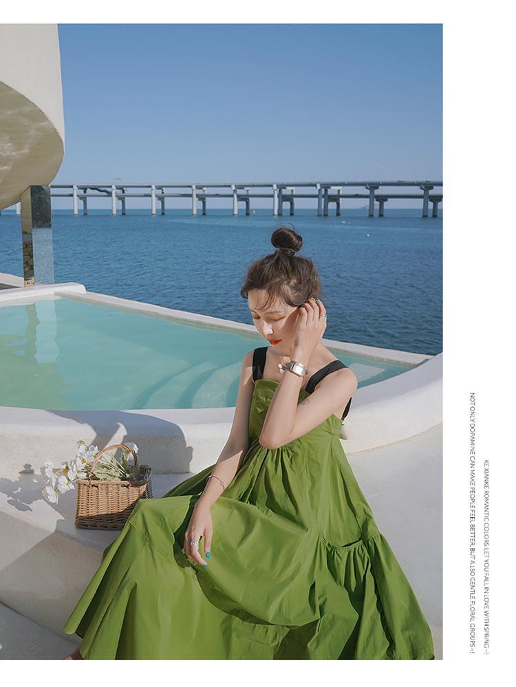 Fashion women's wear Real Shot Design Sense Niche Avocado Green Sling Dress Women's Summer Covering Belly Thin Sanya Vacation Style Dress