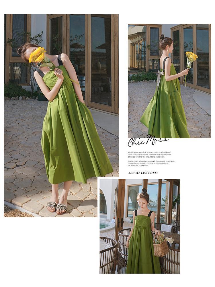 Fashion women's wear Real Shot Design Sense Niche Avocado Green Sling Dress Women's Summer Covering Belly Thin Sanya Vacation Style Dress