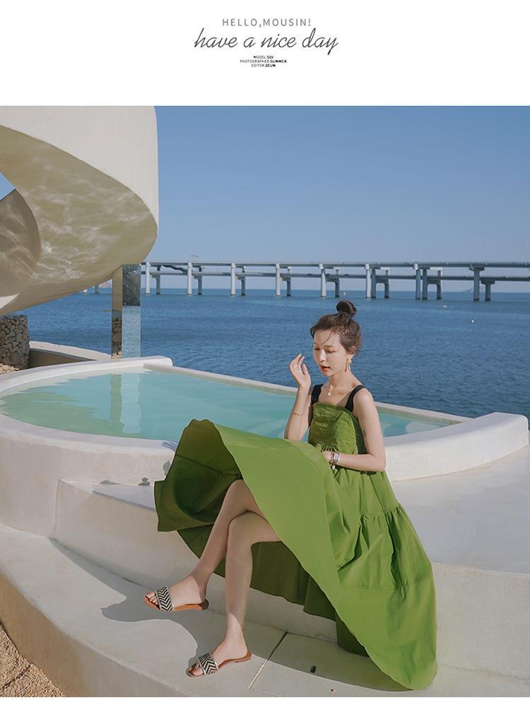 Fashion women's wear Real Shot Design Sense Niche Avocado Green Sling Dress Women's Summer Covering Belly Thin Sanya Vacation Style Dress