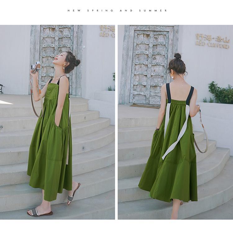 Fashion women's wear Real Shot Design Sense Niche Avocado Green Sling Dress Women's Summer Covering Belly Thin Sanya Vacation Style Dress