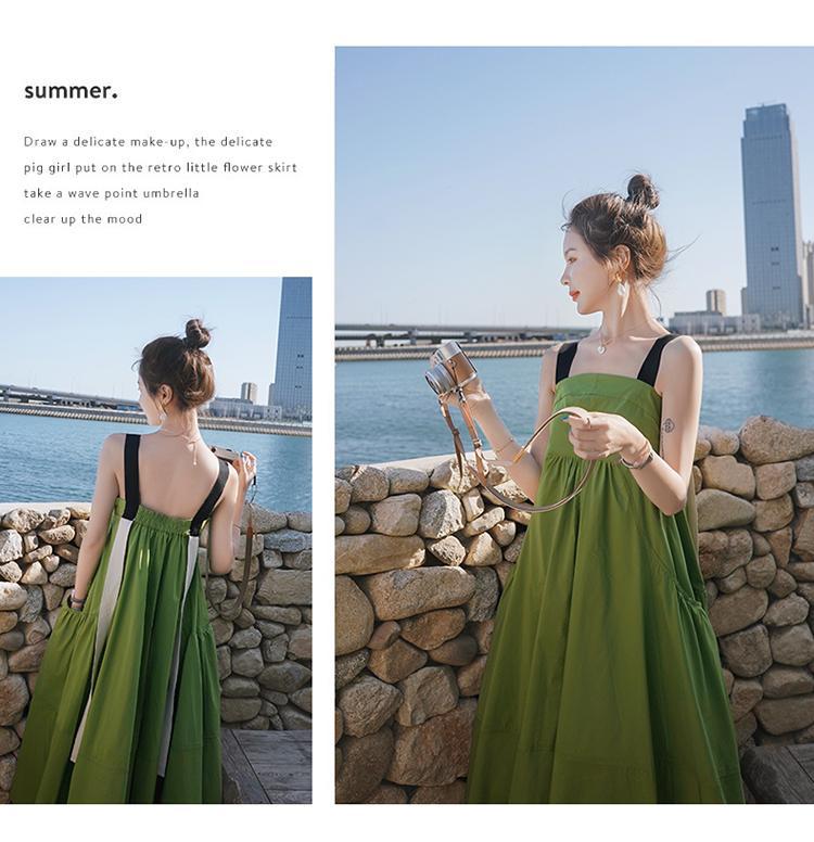Fashion women's wear Real Shot Design Sense Niche Avocado Green Sling Dress Women's Summer Covering Belly Thin Sanya Vacation Style Dress