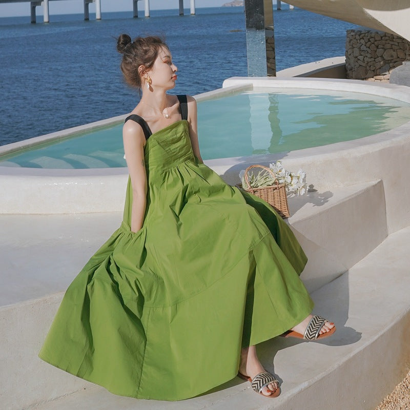 Fashion women's wear Real Shot Design Sense Niche Avocado Green Sling Dress Women's Summer Covering Belly Thin Sanya Vacation Style Dress